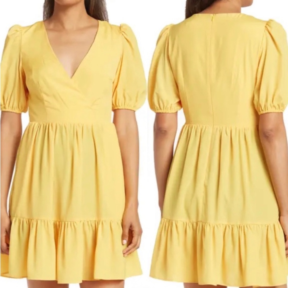 Eliza J Surplice Neck Puff Sleeve Fit & Flare Dress size 4 Buttery Yellow Spring